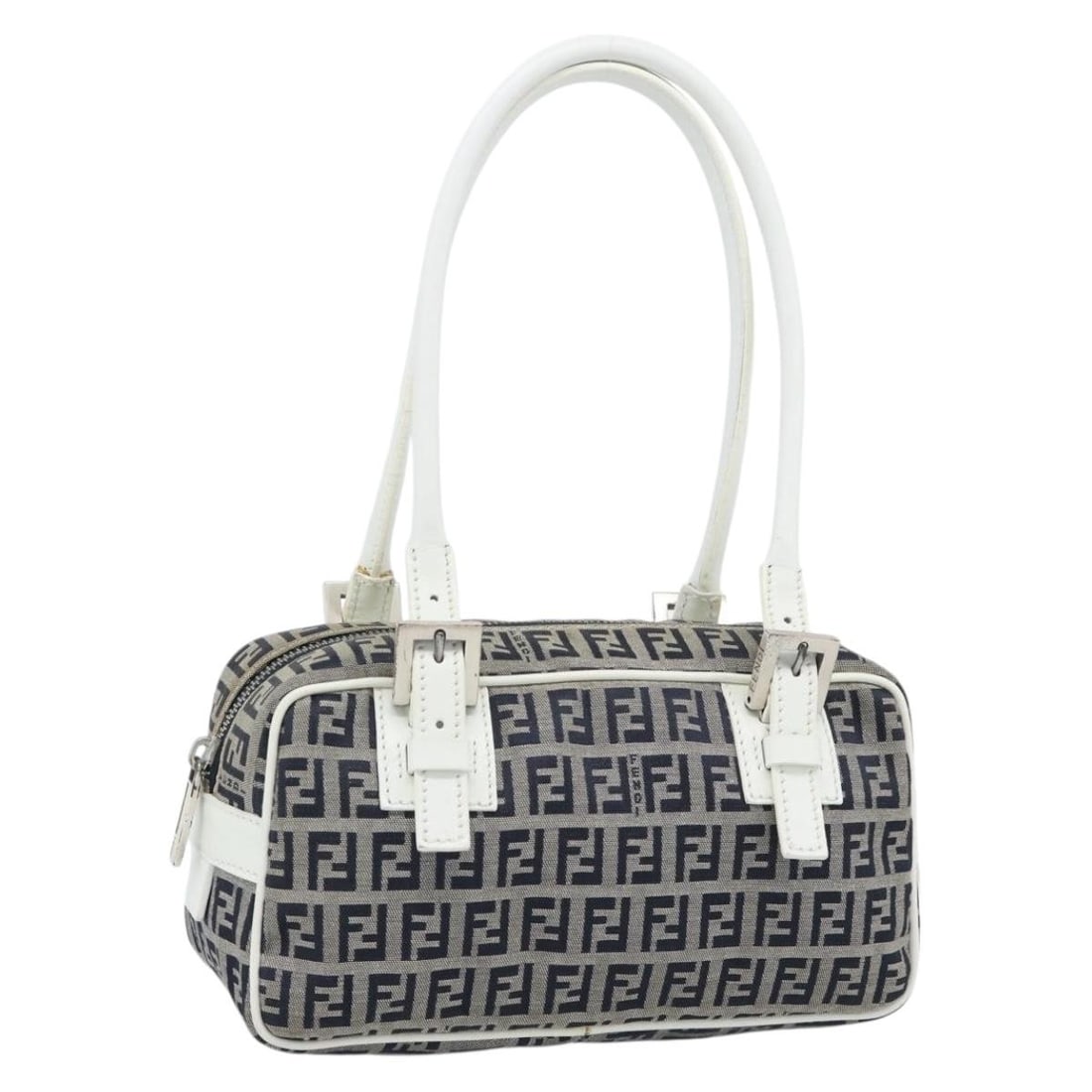 FENDI Zucchino Canvas Handbag Navy Silver Tone Italy: FENDI Zucchino Canvas Handbag Navy Silver Tone Italy Authentic Fendi Zucchino canvas handbag in navy and silver. This women's handbag is made in Italy and features a compact silhouette with an adjusta