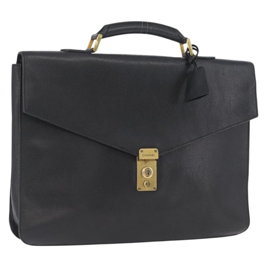 CHANEL Caviar Skin Business Bag Black Gold Key Clochette: CHANEL Caviar Skin Business Bag Black Gold Key Clochette Chanel business bag in black caviar skin with gold-tone CC detailing. Made in Italy, this women's bag includes one key and a clochette. Conditi