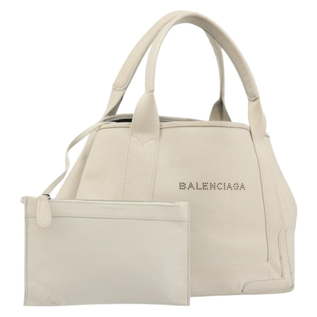 Balenciaga 339933 Navy Cabas S leather handbag with pouch ivory silver: Balenciaga 339933 Navy Cabas S leather handbag with pouch ivory silver Balenciaga Navy Cabas S handbag in ivory and silver leather with an included pouch. Made in Italy, this women's handbag is a heav