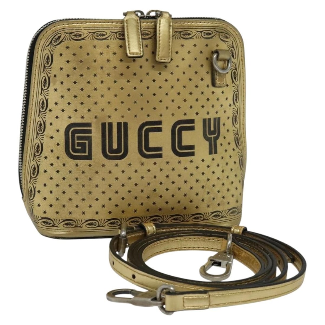 Gucci Sega Leather Gold Shoulder Bag 511189 Collaboration Italy: Gucci Sega Leather Gold Shoulder Bag 511189 Collaboration Italy This GUCCI SEGA Collaboration shoulder bag is crafted from gold leather and made in Italy. It features a compact, square shape with an a