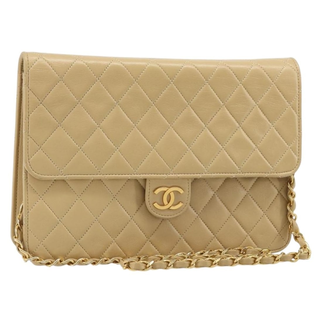 CHANEL CC Matelasse Lamb Skin Shoulder Bag Beige Gold: CHANEL CC Matelasse Lamb Skin Shoulder Bag Beige Gold CHANEL Matelasse chain shoulder bag in beige lamb skin with gold-tone CC detailing. This women's shoulder bag is a heavily used piece with notable