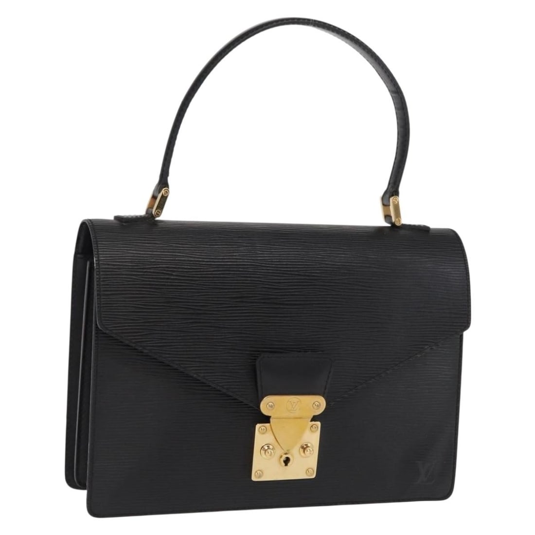 Black Epi Leather Concorde Handbag Louis Vuitton M52132 France: Black Epi Leather Concorde Handbag Louis Vuitton M52132 France This is a Louis Vuitton Epi Concorde handbag in black, featuring durable Epi leather and crafted in France. The bag is heavily used, with