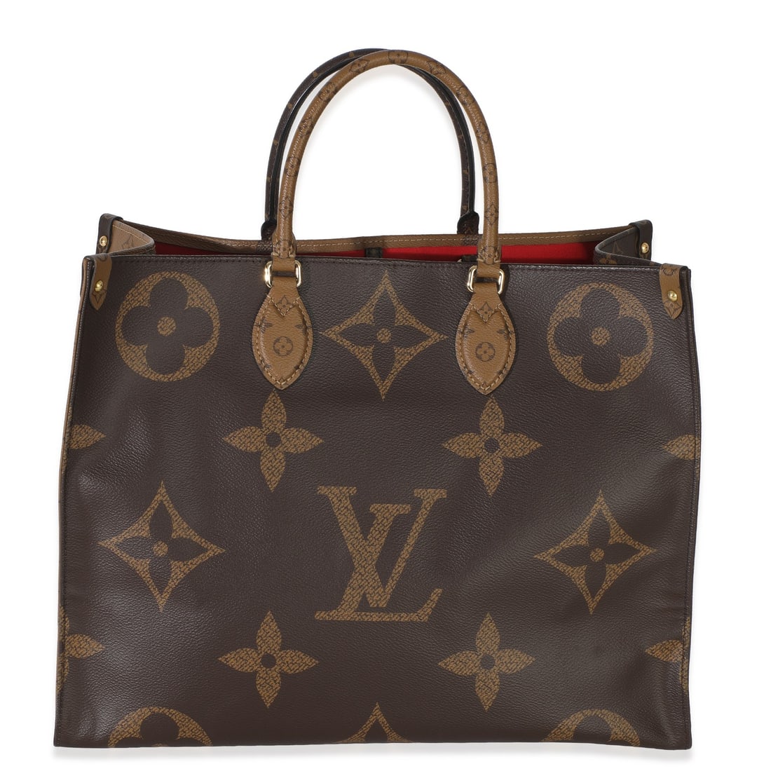 Louis Vuitton Onthego GM Reverse Monogram Canvas Tote: Louis Vuitton Onthego GM Reverse Monogram Canvas Tote This Louis Vuitton Onthego GM tote features the signature Reverse Monogram canvas in brown, accented with gold-tone hardware. The spacious interio