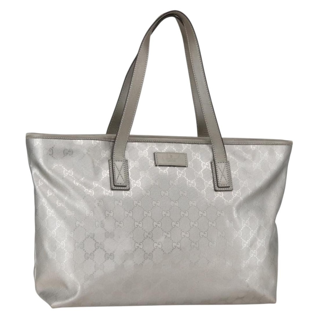GUCCI 211137 GG Canvas Silver PVC Leather Tote Bag: GUCCI 211137 GG Canvas Silver PVC Leather Tote Bag This Gucci tote bag is crafted in silver PVC leather and GG canvas, with a structured silhouette and made in Italy. It features dual handles with an 
