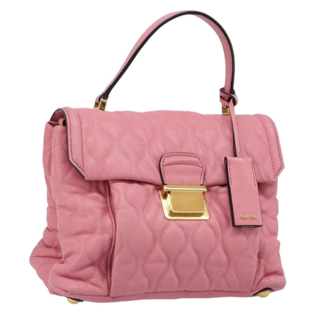 Miu Miu Pink Leather Hand Bag with Gold Tone Charm: Miu Miu Pink Leather Hand Bag with Gold Tone Charm Pink leather handbag with charm accessory. This women's bag is made in Turkey and shows heavy use, including loss of shape, rubbing, stains, slight s