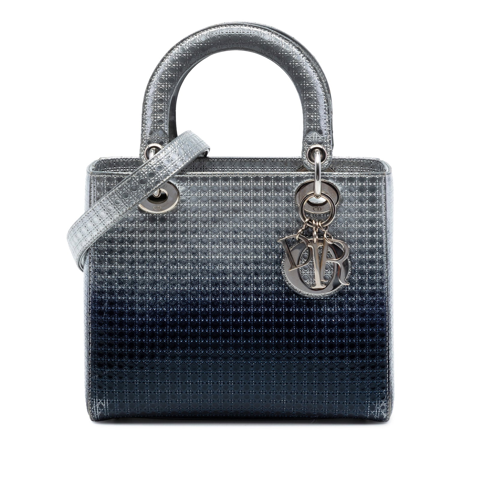 Dior Lady Dior Medium Metallic Patent Leather Handbag Silver: Dior Lady Dior Medium Metallic Patent Leather Handbag Silver Medium Lady Dior bag in ombre metallic patent leather with Microcannage quilting. It features flat leather handles, a detachable flat leath