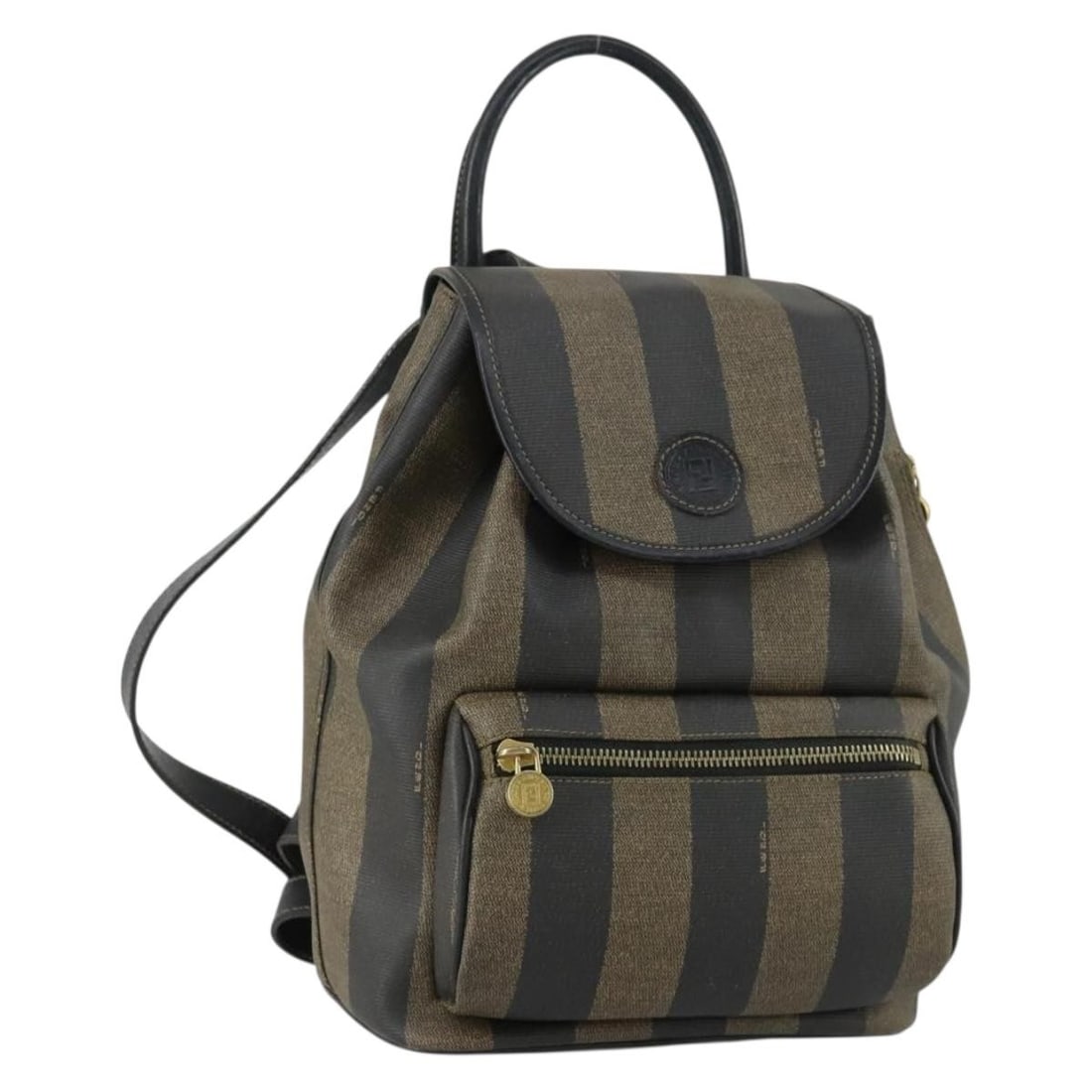 FENDI Pequin Canvas PVC Leather Backpack Brown Black Gold Italy: FENDI Pequin Canvas PVC Leather Backpack Brown Black Gold Italy Fendi backpack in PVC leather and Pequin canvas, designed in brown, black, and gold. Made in Italy, this women's style measures approxim