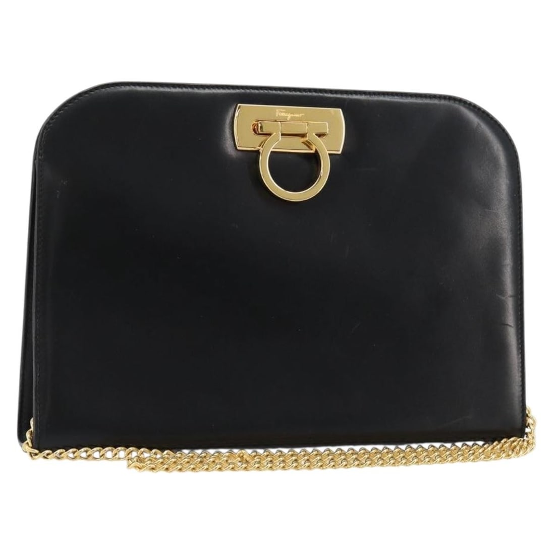 Black Leather Shoulder Bag Salvatore Ferragamo Gancini Chain Gold Tone: Black Leather Shoulder Bag Salvatore Ferragamo Gancini Chain Gold Tone A Salvatore Ferragamo Gancini chain shoulder bag in black and gold leather, made in Italy. This shoulder bag features a chain sho