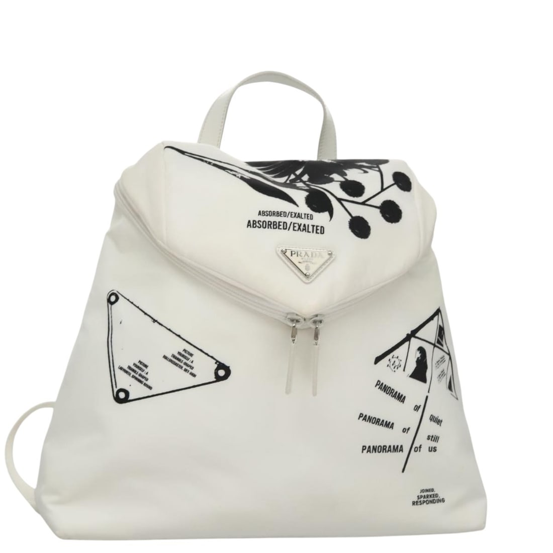 PRADA White Silver Nylon Backpack with Dust Bag: PRADA White Silver Nylon Backpack with Dust Bag Prada women's backpack in white and silver nylon, made in Italy. It comes with a dust bag and measures approximately 37 cm W x 33 cm H x 13 cm D (14.6 x