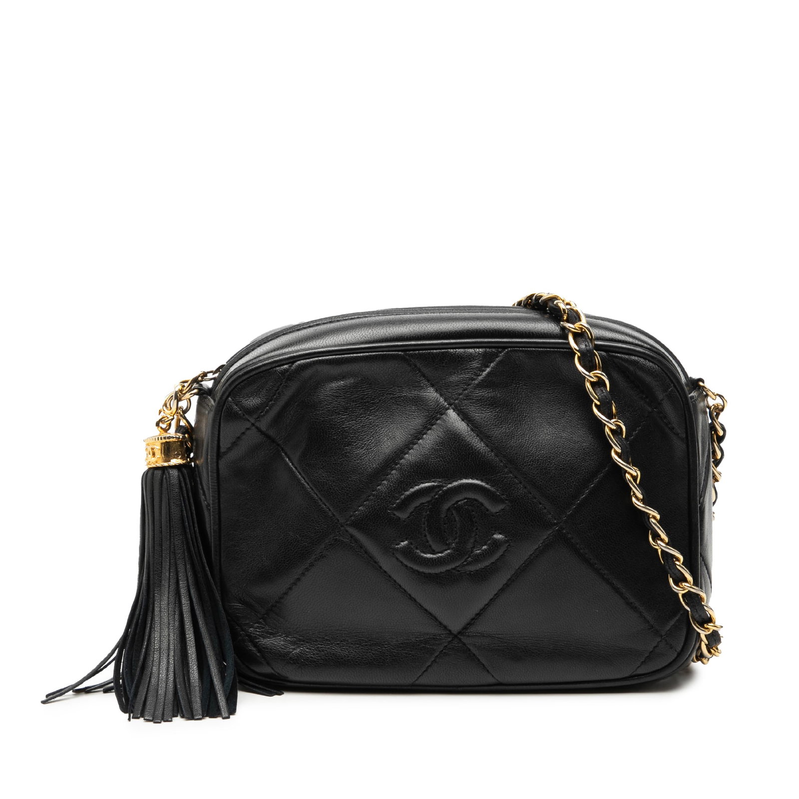 Chanel Black Lambskin Quilted Camera Crossbody with Tassel and Chain Strap: Chanel Black Lambskin Quilted Camera Crossbody with Tassel and Chain Strap This Chanel CC Quilted Lambskin Tassel Camera Bag features a quilted black leather body, a leather-woven chain-link shoulder 