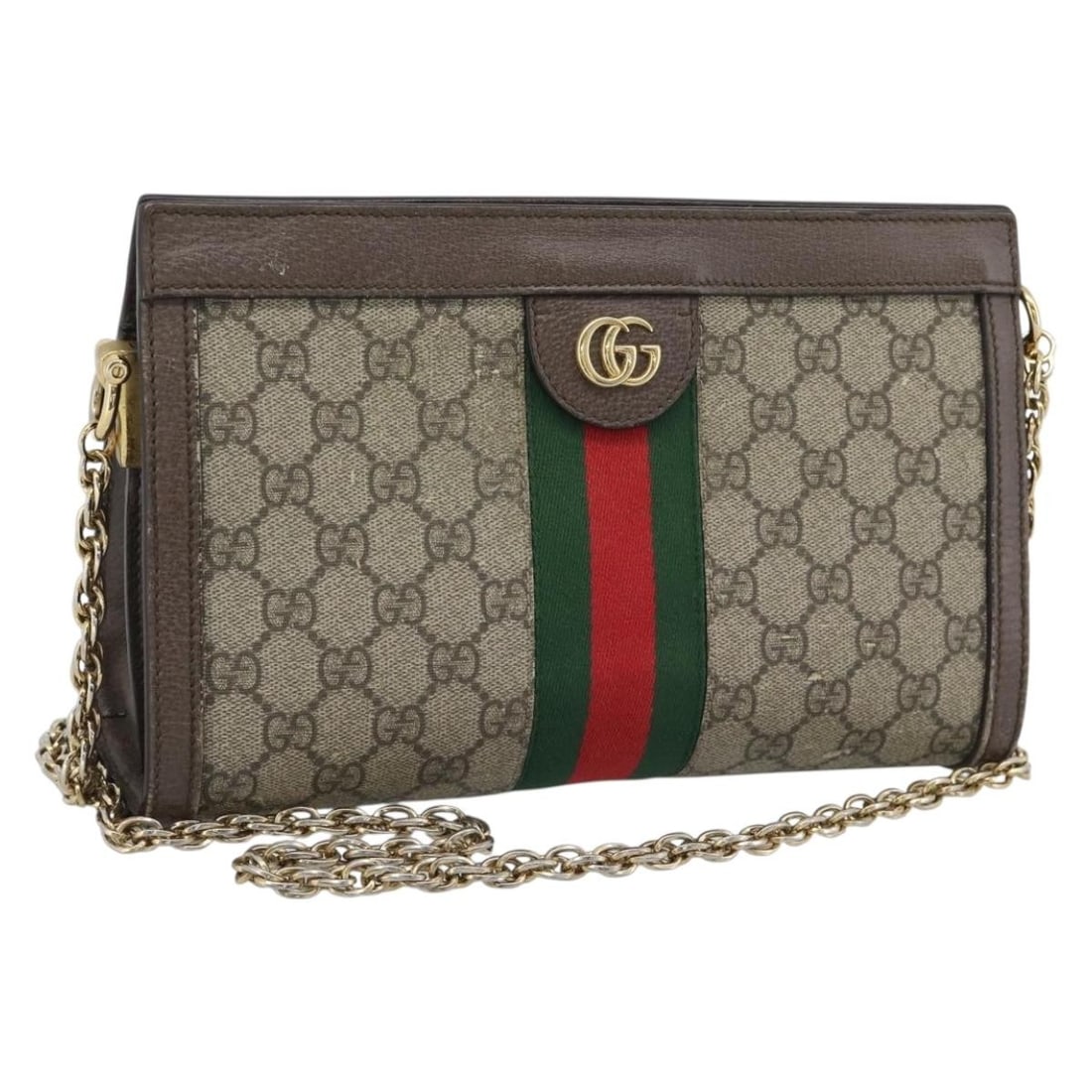 Gucci Ophidia 503877 Chain Shoulder Bag GG Supreme Web Sherry PVC: Gucci Ophidia 503877 Chain Shoulder Bag GG Supreme Web Sherry PVC Gucci Ophidia chain shoulder bag in GG Supreme with Web Sherry styling. This women's shoulder bag is made in Italy from PVC leather in