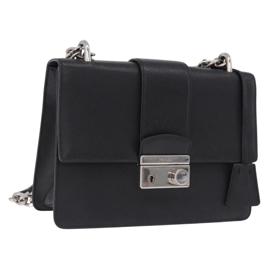 PRADA Saffiano Leather Shoulder Bag Black Silver Chain Strap: PRADA Saffiano Leather Shoulder Bag Black Silver Chain Strap Prada shoulder bag in black Saffiano leather with silver-tone accents. Made in Romania, this women's bag includes one key and a clochette. 