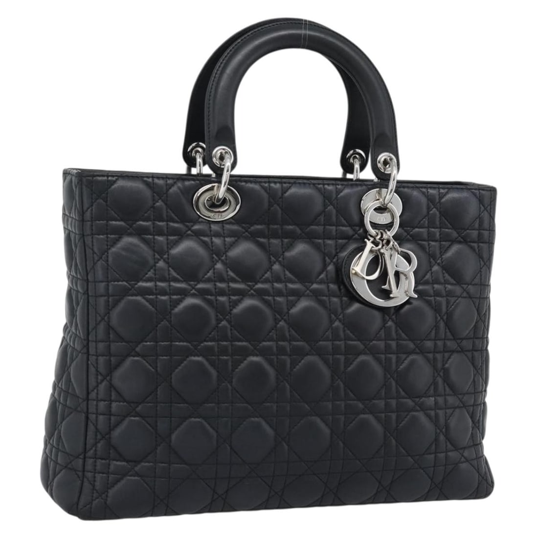 Christian Dior Lady Dior Cannage lambskin handbag black silver charm: Christian Dior Lady Dior Cannage lambskin handbag black silver charm Christian Dior Lady Dior Cannage handbag in black lamb skin with silver-tone accents. Made in Italy, this women's handbag includes 