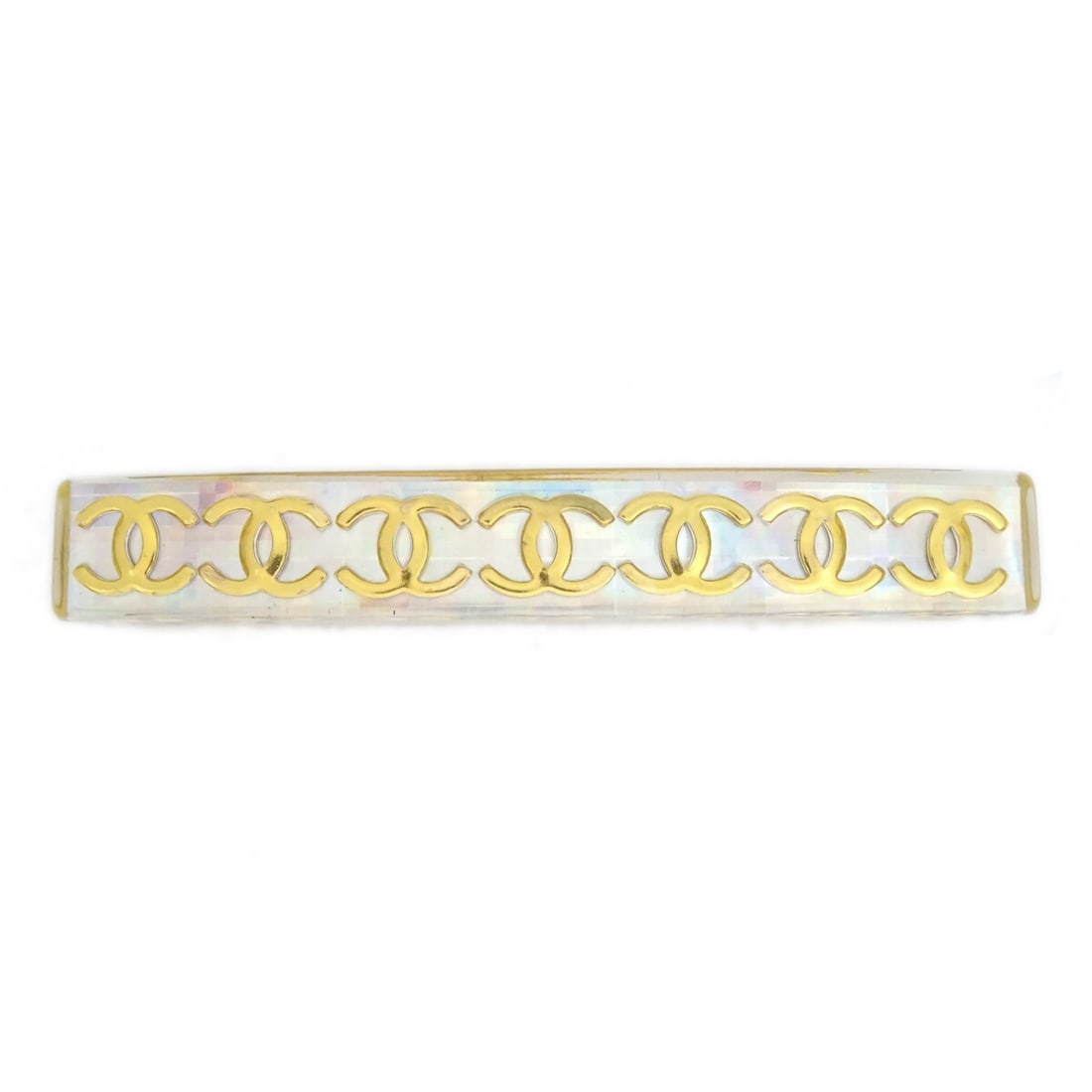Chanel Acrylic Clear Barrette Hair Clip 97P 62 France: Chanel Acrylic Clear Barrette Hair Clip 97P 62 France Chanel clear acrylic hair barrette for women with logo accents and gold plated detailing. Marked 97P/62, this barrette is made in France and is de