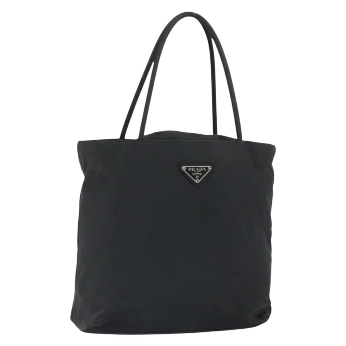 PRADA Black Nylon Handbag Silver Tone Made in Italy: PRADA Black Nylon Handbag Silver Tone Made in Italy Black nylon hand bag with silver-tone fittings, made in Italy. The item is in heavily used condition with visible shape loss, rubbing, stains, scrat