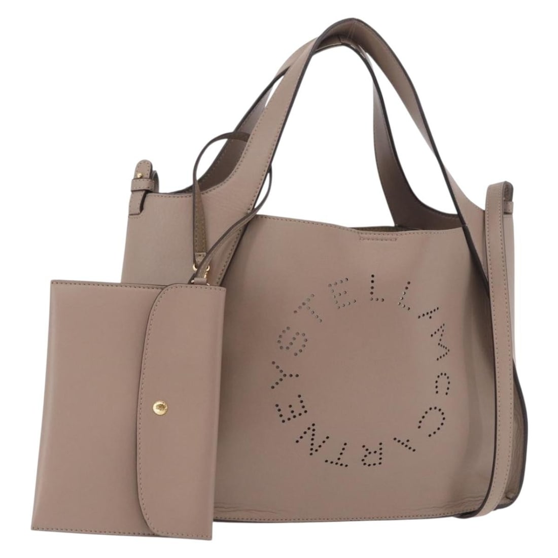 Stella MacCartney 513860 Leather 2way Handbag Beige Gold Strap Pouch: Stella MacCartney 513860 Leather 2way Handbag Beige Gold Strap Pouch Beige and gold tone Stella McCartney 2-way handbag in leather with top handles and a detachable shoulder strap. Includes a pouch. M