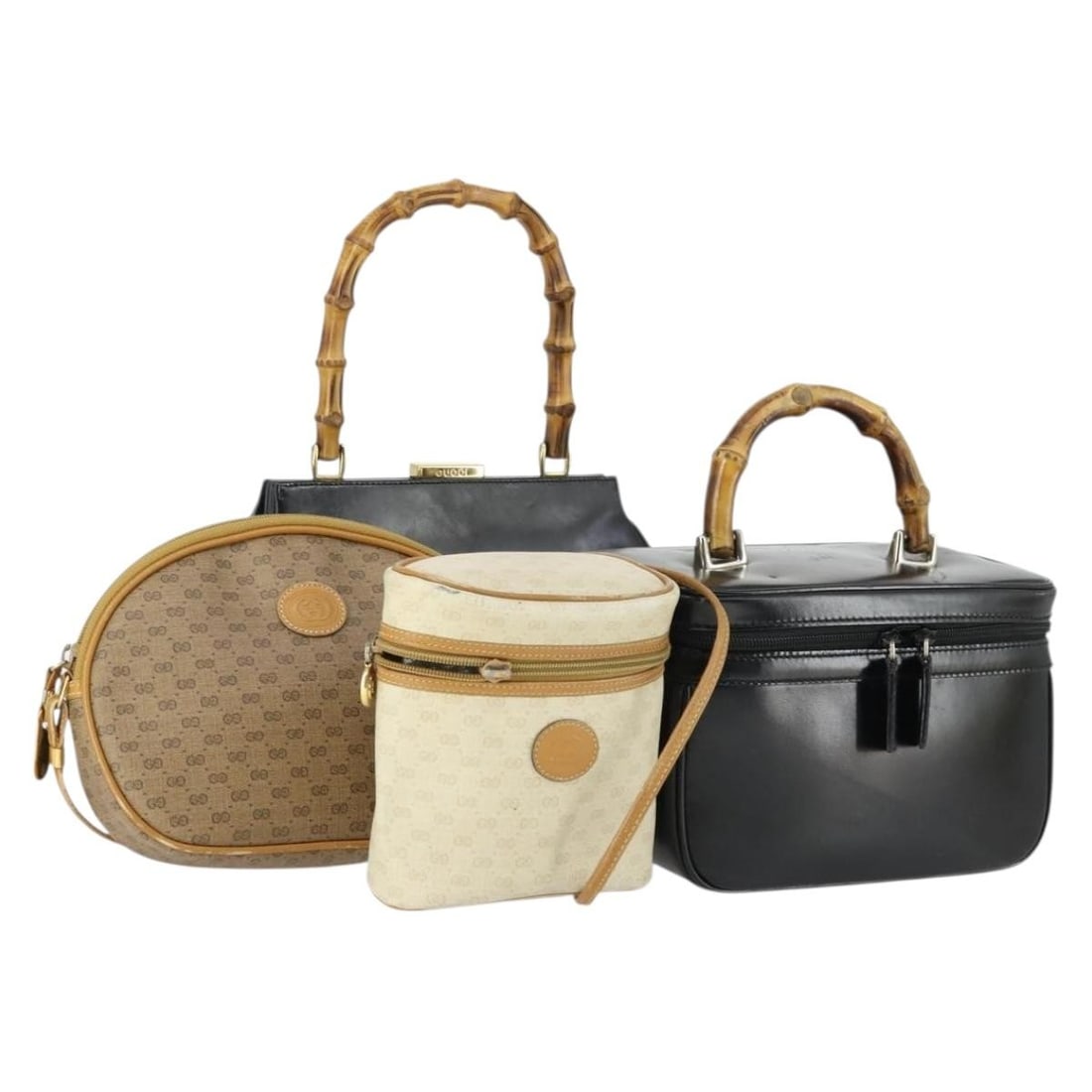 Gucci beige black shoulder bag in leather and Micro GG canvas: Gucci beige black shoulder bag in leather and Micro GG canvas Set of 4 Gucci Micro GG Supreme shoulder bags in beige and black with leather and Micro Small GG canvas construction. Made in Italy for wo