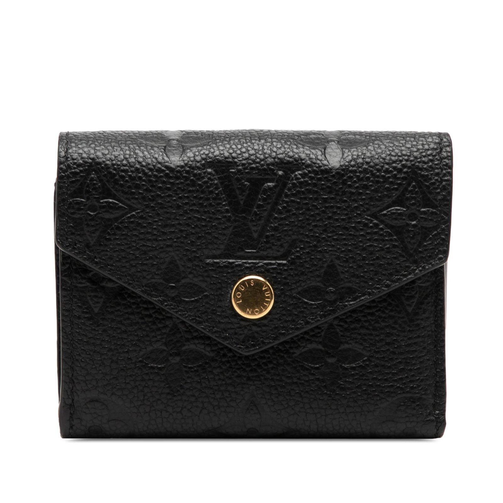 Louis Vuitton Victorine Wallet in Monogram Empreinte Leather: Louis Vuitton Victorine Wallet in Monogram Empreinte Leather Louis Vuitton Victorine wallet in black Monogram Empreinte leather with a top flap and snap button closure. The interior includes zip and s