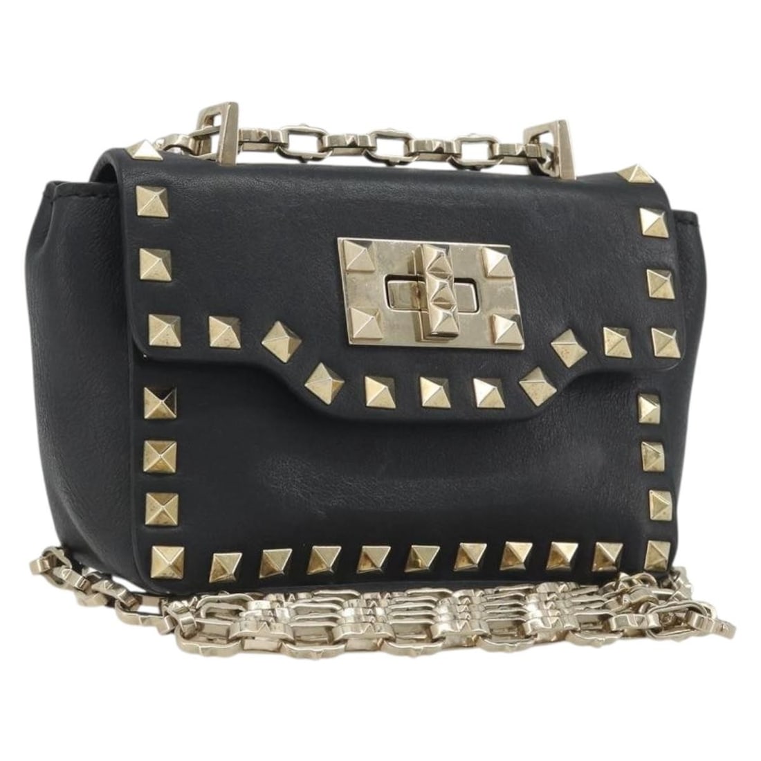 VALENTINO Leather Shoulder Bag with Studs and Chain Black Gold: VALENTINO Leather Shoulder Bag with Studs and Chain Black Gold Valentino shoulder bag in black and gold leather, made in Italy. The bag measures approximately 15 cm W x 11 cm H x 5 cm D, with a should
