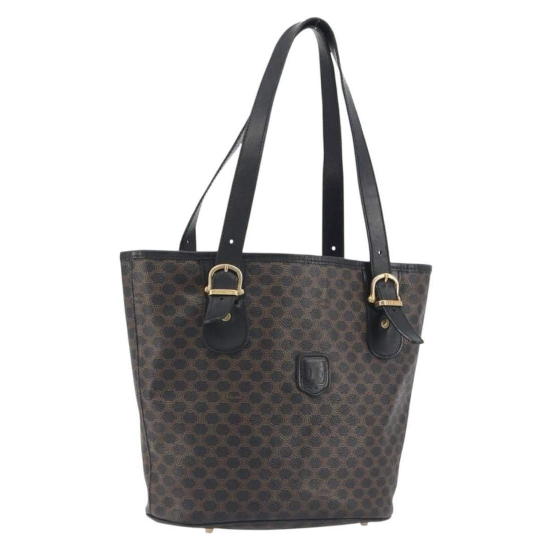 CELINE Macadam PVC Leather Tote Black Gold Tone Italy: CELINE Macadam PVC Leather Tote Black Gold Tone Italy Authentic CELINE Macadam tote bag in PVC leather and Macadam canvas with a black colorway and gold tone accents. Made in Italy, this women's tote 