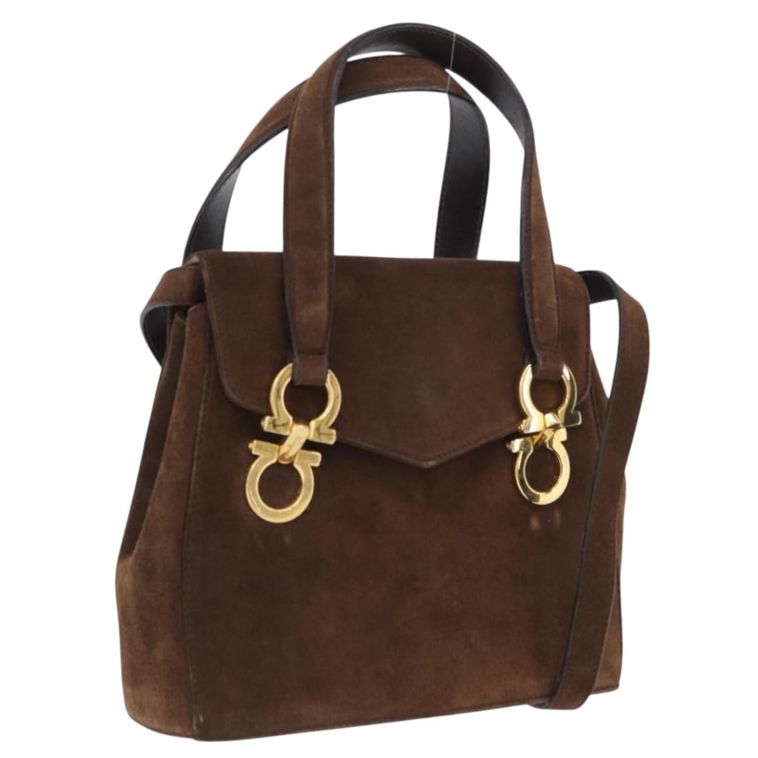 Salvatore Ferragamo Brown Suede Gancini 2way Handbag with Shoulder Strap: Salvatore Ferragamo Brown Suede Gancini 2way Handbag with Shoulder Strap This Salvatore Ferragamo Gancini handbag is crafted from brown suede and features gold-tone accents. Designed for versatility, 