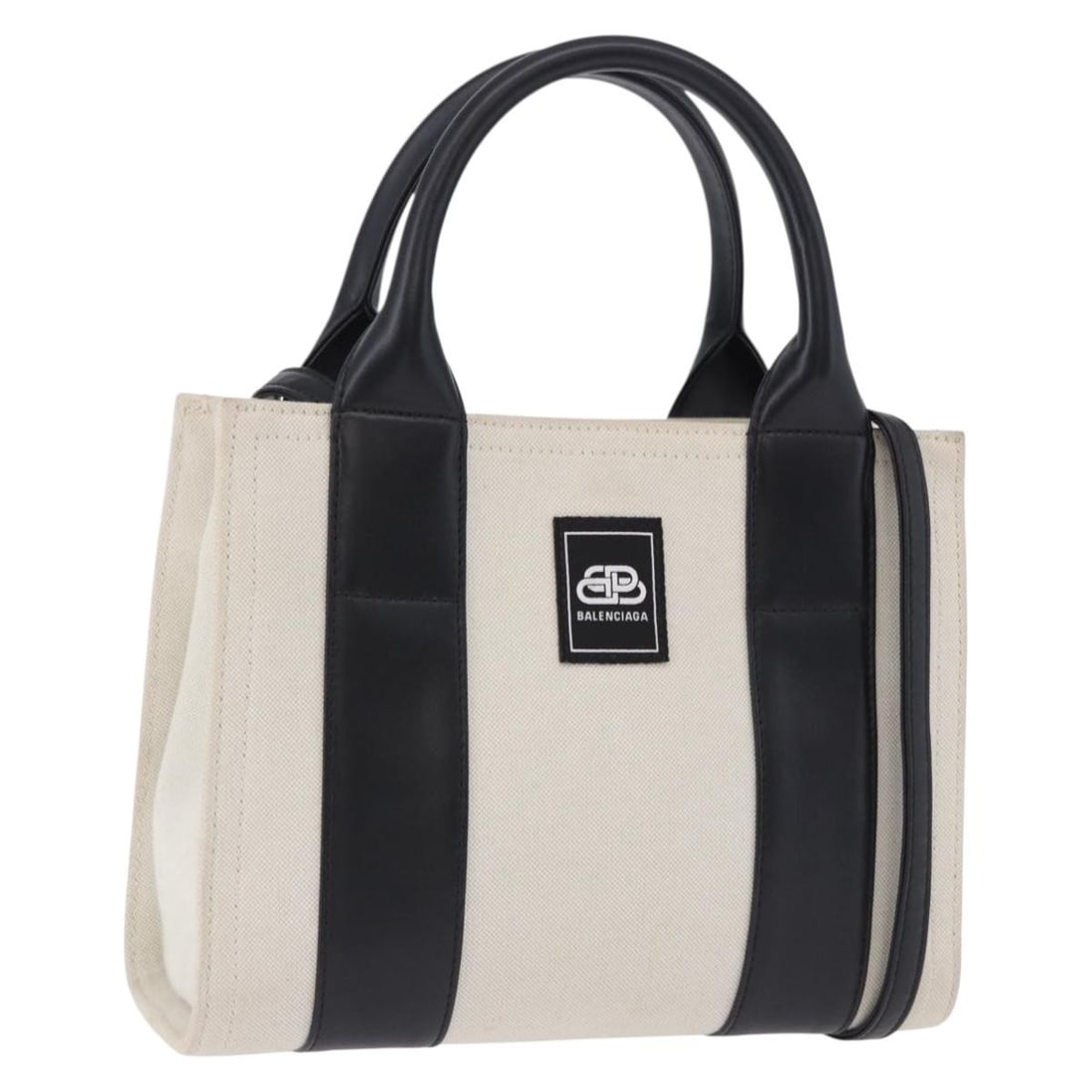 BALENCIAGA 620882 Trade XS Canvas 2way Handbag Beige Silver: BALENCIAGA 620882 Trade XS Canvas 2way Handbag Beige Silver Balenciaga Trade XS 2-way handbag in beige and silver canvas with a structured compact silhouette. This women's bag includes a shoulder stra