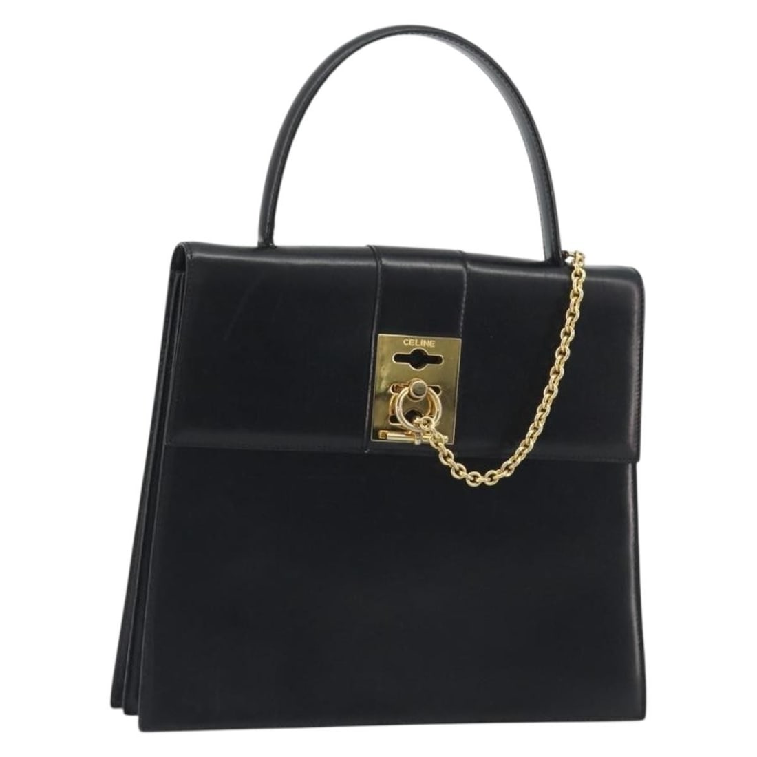 CELINE Black Leather Handbag Gold Tone Hardware Italy: CELINE Black Leather Handbag Gold Tone Hardware Italy Authentic CELINE women's leather hand bag in black with gold-tone accents, made in Italy. This pre-owned bag is offered without the original box o