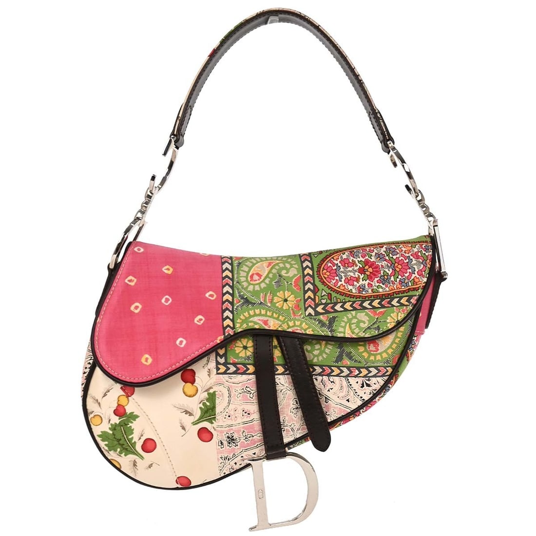 Dior Saddle Medium Shoulder Bag in Multicolor Leather Satin: Dior Saddle Medium Shoulder Bag in Multicolor Leather Satin Christian Dior Saddle handbag in patchwork satin and leather with a multicolor exterior and shoulder strap. This medium bag features a Velcr