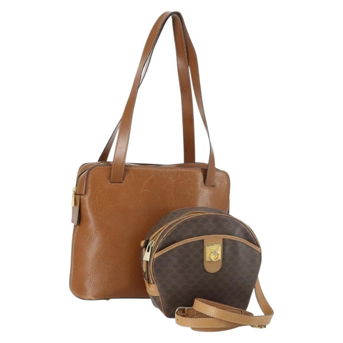 Set of 2 Celine Macadam Canvas and Leather Shoulder Bags Brown: Set of 2 Celine Macadam Canvas and Leather Shoulder Bags Brown Set of two CELINE shoulder bags in brown Macadam canvas with leather trim. This women's bag set is made in Italy and shows heavy overall 