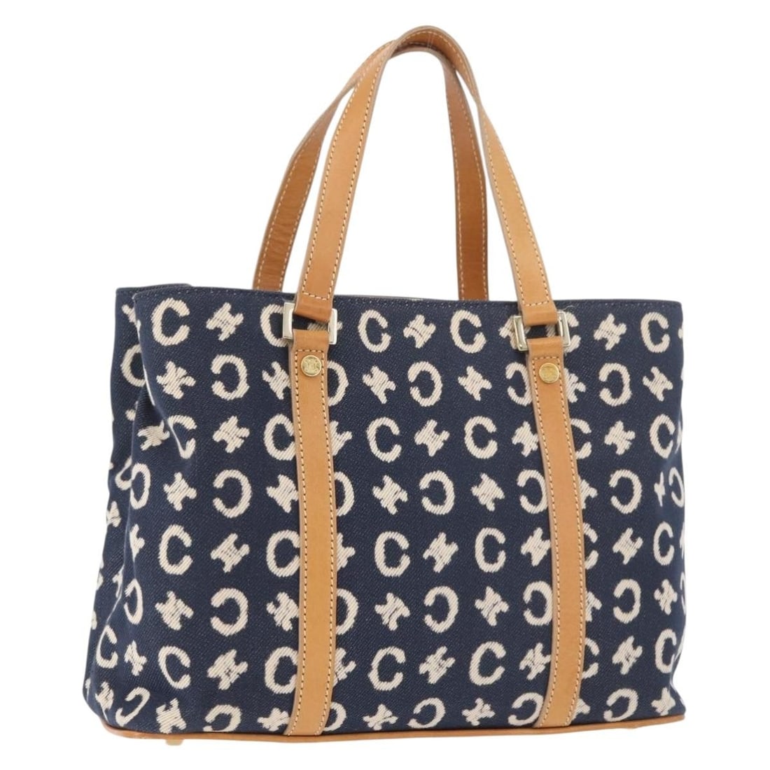 Celine Macadam Navy Canvas Handbag with Gold Accents and Dust Bag: Celine Macadam Navy Canvas Handbag with Gold Accents and Dust Bag This CELINE C Macadam canvas handbag features a navy and gold color scheme with the signature C Macadam pattern. Designed for women, i