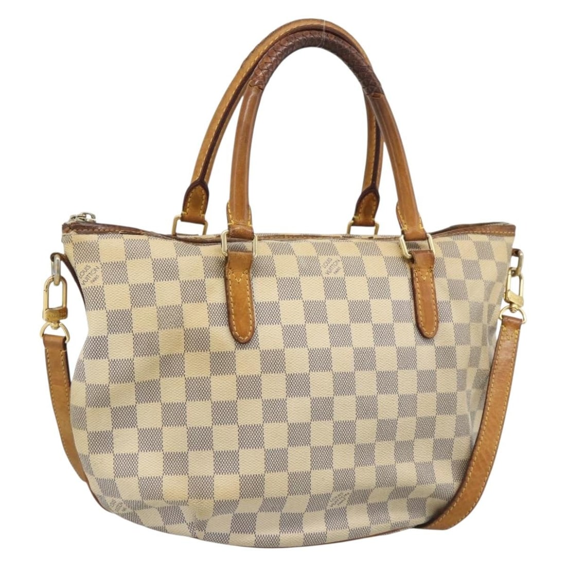 Louis Vuitton N48250 Riviera PM Damier Azur tote with shoulder strap: Louis Vuitton N48250 Riviera PM Damier Azur tote with shoulder strap Louis Vuitton Riviera PM tote bag in Damier Azur with shoulder strap. Made in France, this women's tote shows heavy use with visibl
