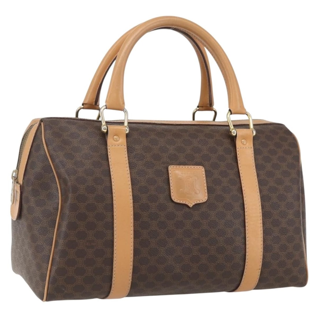 Celine Brown Macadam Canvas and PVC Boston Bag with Leather Trim: Celine Brown Macadam Canvas and PVC Boston Bag with Leather Trim This is a CELINE Boston bag crafted from brown Macadam canvas and PVC leather, featuring gold-tone accents. The bag is made in Italy an