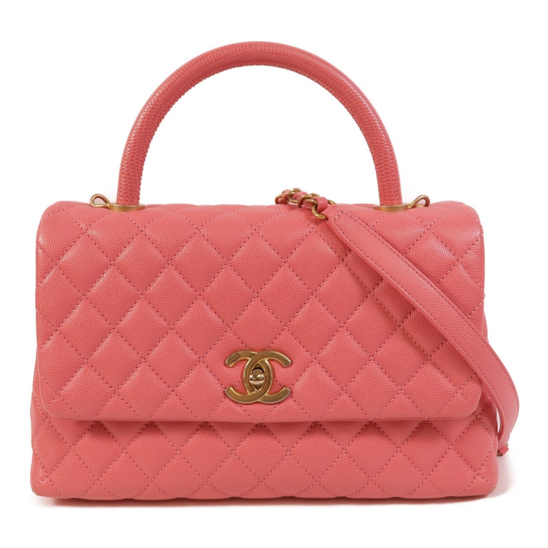 CHANEL Coco Handle Medium 2way Shoulder Bag Pink Calfskin GHW: CHANEL Coco Handle Medium 2way Shoulder Bag Pink Calfskin GHW Medium Chanel Coco Handle 2-way shoulder bag in pink calfskin leather with CC turn-lock closure and GHW. This women's bag includes a top h