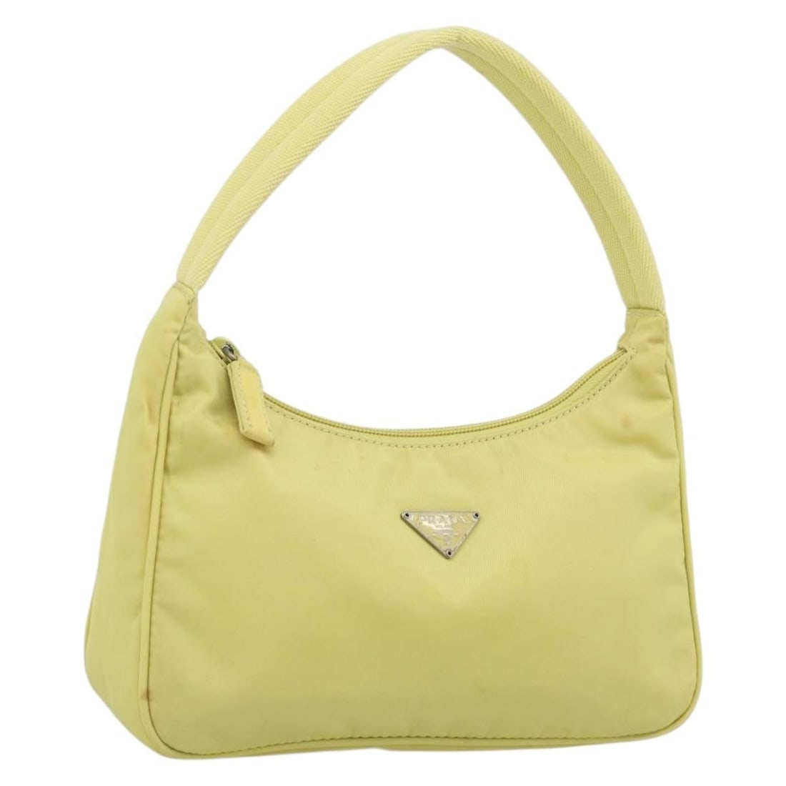 PRADA Nylon Hand Bag Yellow Silver with Guarantee Card: PRADA Nylon Hand Bag Yellow Silver with Guarantee Card Authentic Prada hand pouch in yellow and silver nylon with a compact silhouette and top handle. Made in Italy, this women's bag includes the guar