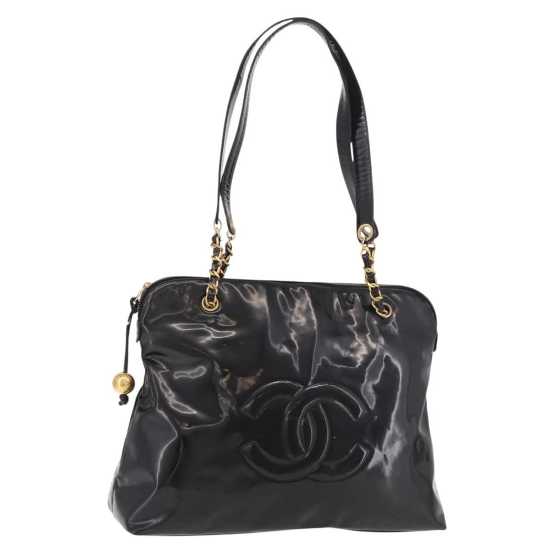 CHANEL Patent Leather Tote Handbag Black with Gold CC Italy: CHANEL Patent Leather Tote Handbag Black with Gold CC Italy Black and gold CHANEL chain tote bag in patent leather, made in Italy. This women's tote features a structured size of approximately 40 cm W