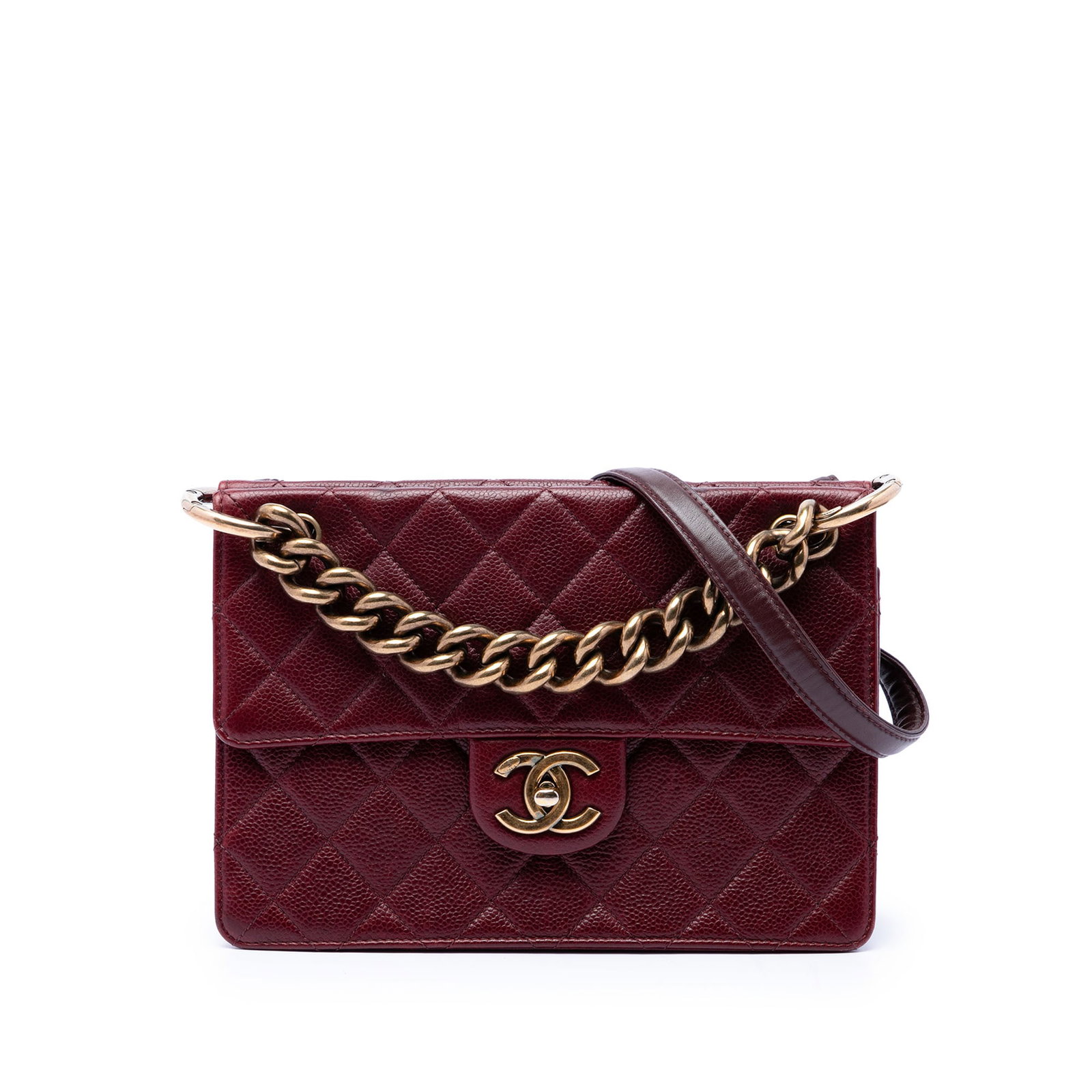 Chanel Paris Edinburgh Retro Class Flap Red Caviar Leather Bag: Chanel Paris Edinburgh Retro Class Flap Red Caviar Leather Bag A Chanel Paris Edinburgh Retro Class Flap bag crafted in quilted caviar leather. This bag features a chain link handle, a flat leather sh