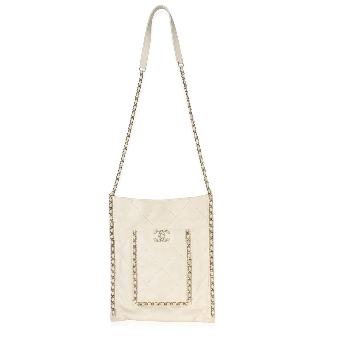 Chanel Small Chain Flat Tote Beige Leather Shoulder Bag: Chanel Small Chain Flat Tote Beige Leather Shoulder Bag Pre-owned Chanel Small Chain Flat Tote in quilted calfskin with a chain strap and magnetic closure. This unisex bag features a beige exterior wi