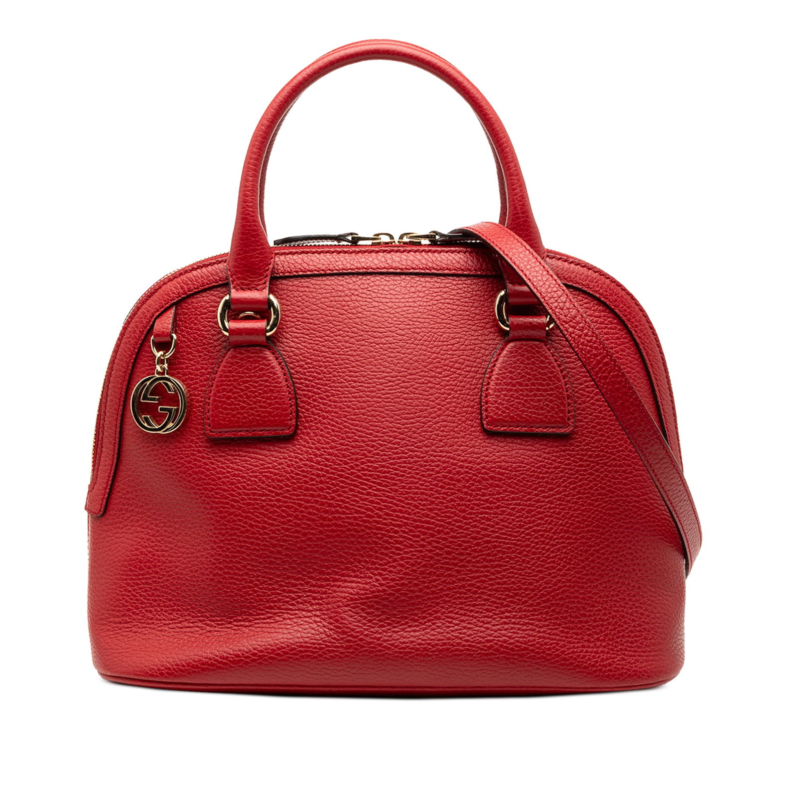 Gucci Small Red Calfskin Leather Dome Satchel with GG Charm: Gucci Small Red Calfskin Leather Dome Satchel with GG Charm This Gucci Small Dollar Calfskin GG Charm Dome Satchel is crafted from red calf leather and features rolled leather handles, a detachable fl