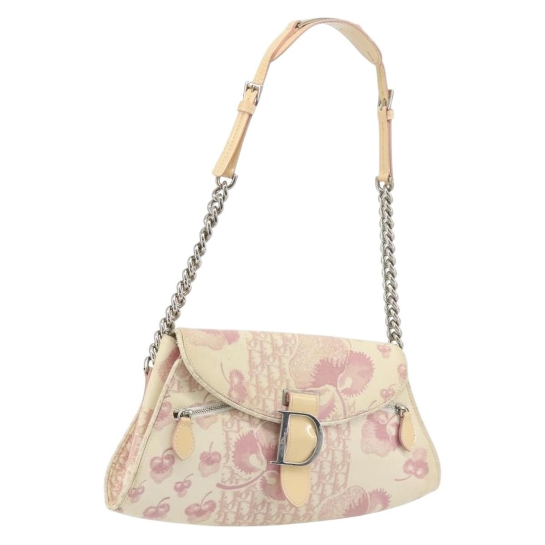 Christian Dior Saddle Chain Canvas Shoulder Bag Pink Silver: Christian Dior Saddle Chain Canvas Shoulder Bag Pink Silver Christian Dior Saddle chain shoulder bag in pink and silver canvas, made in Italy. This women's shoulder bag is sold as the bag only; the it