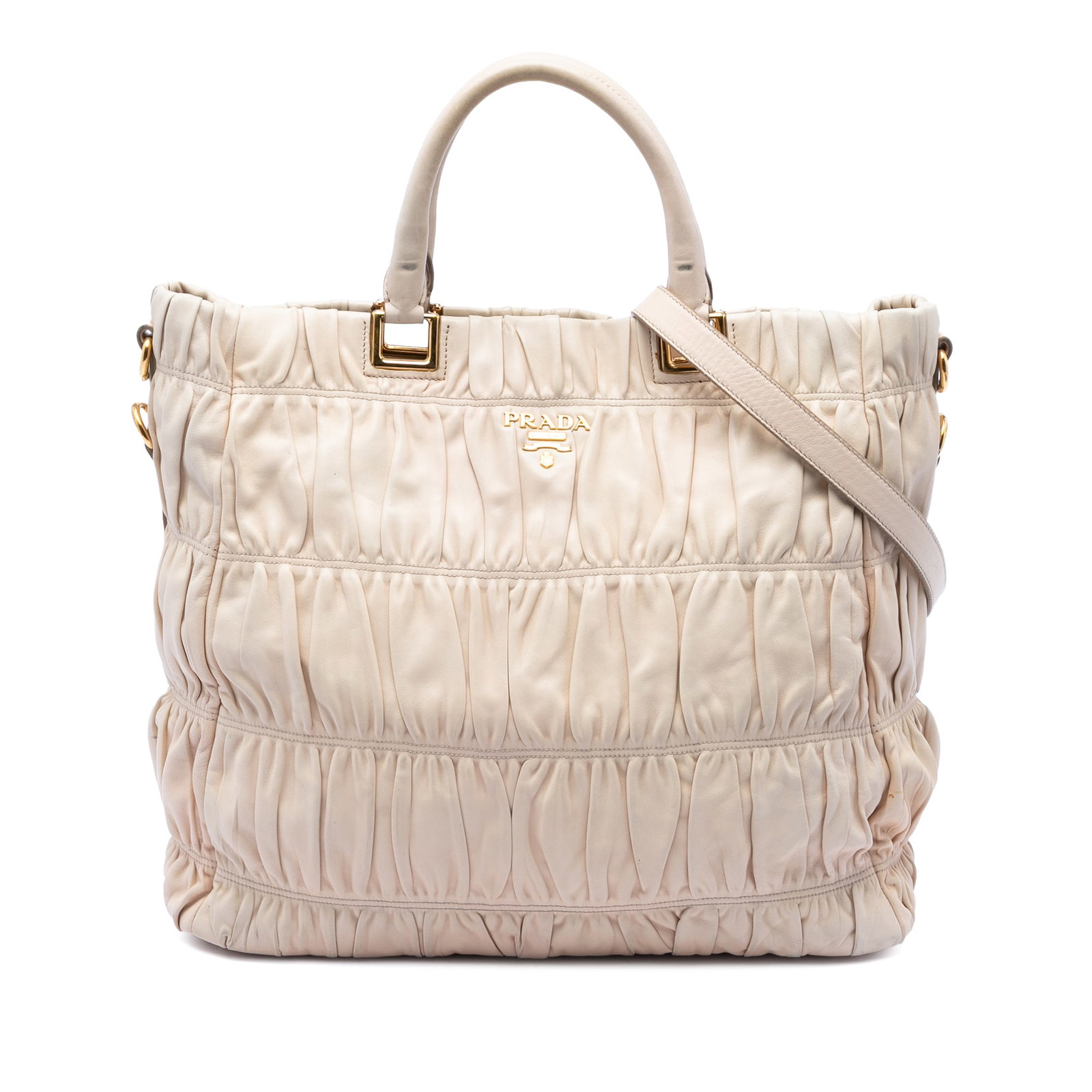 Prada leather Gaufre satchel bag: Prada leather Gaufre satchel bag This Prada Nappa Gaufre Satchel is crafted from gathered brown leather and features rolled leather handles, a detachable flat leather strap, and an open top with a mag