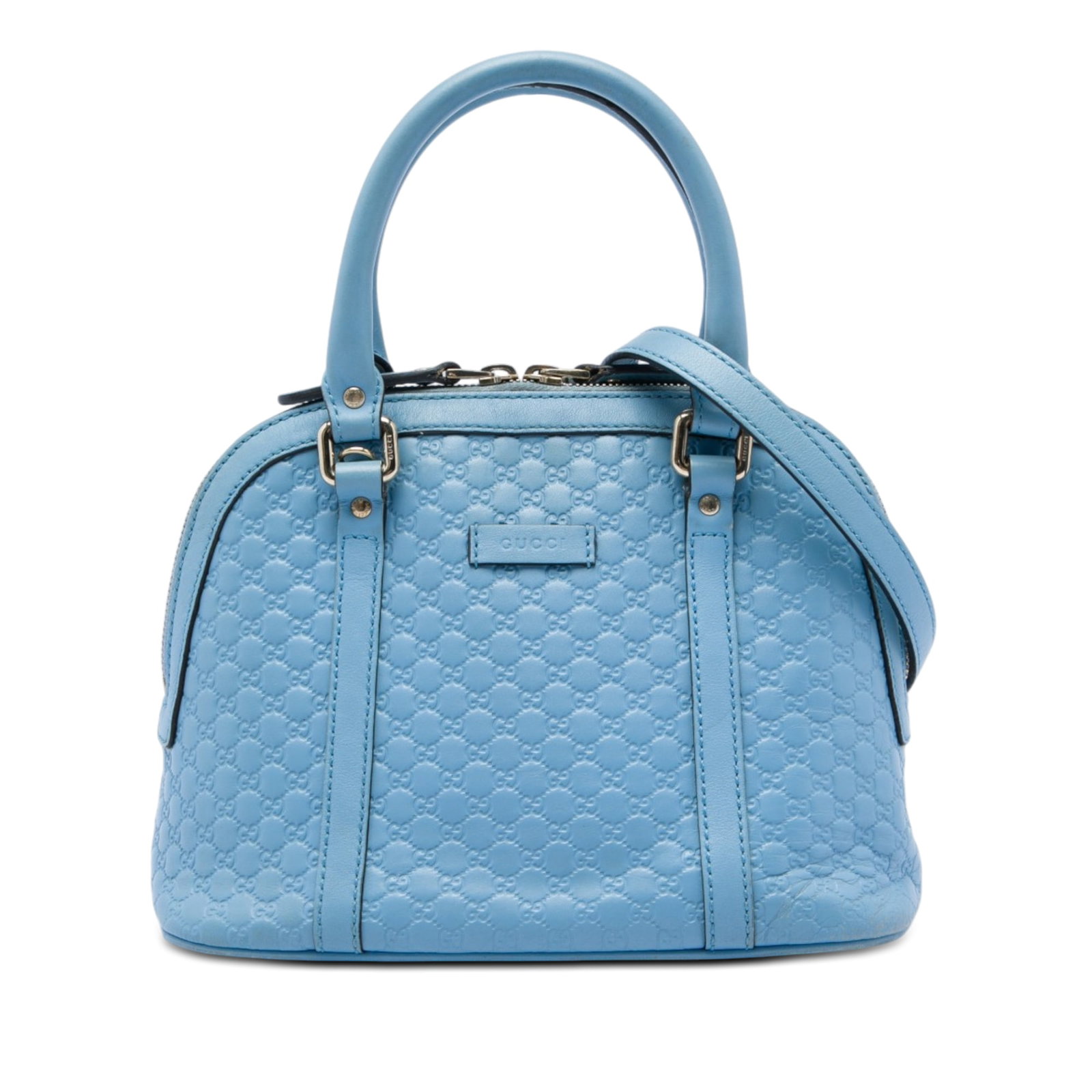 Gucci Microguccissima Mini Dome Satchel Blue Leather: Gucci Microguccissima Mini Dome Satchel Blue Leather Gucci Mini Microguccissima Dome Satchel in blue embossed leather with rolled leather handles, a detachable flat strap, top zip closure, and an inte