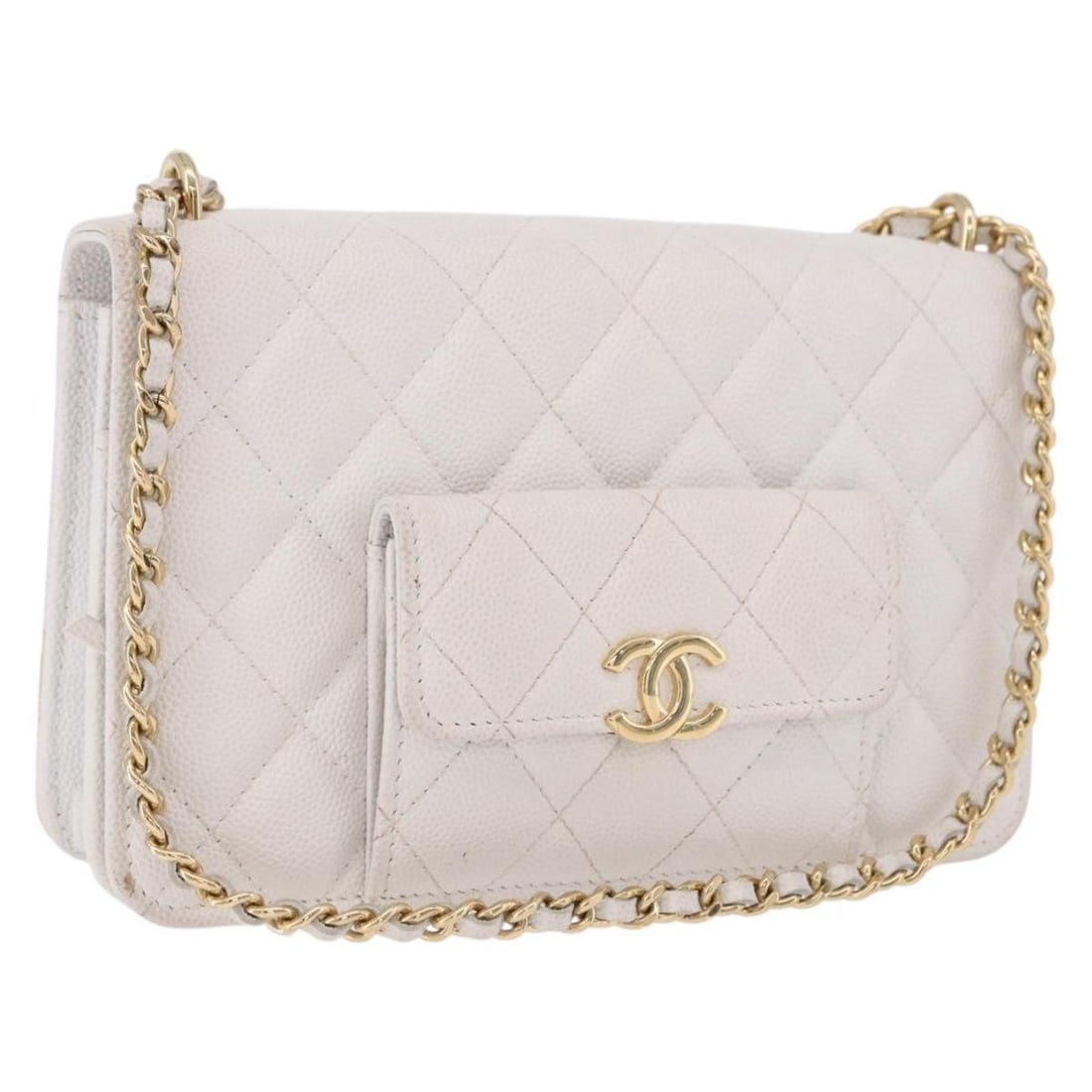 CHANEL Caviar Skin Shoulder Bag White with Gold Tone Chain: CHANEL Caviar Skin Shoulder Bag White with Gold Tone Chain Chanel Matelasse chain shoulder bag in white grained calf skin, also described as caviar skin, with gold-tone CC hardware. Made in Italy, thi