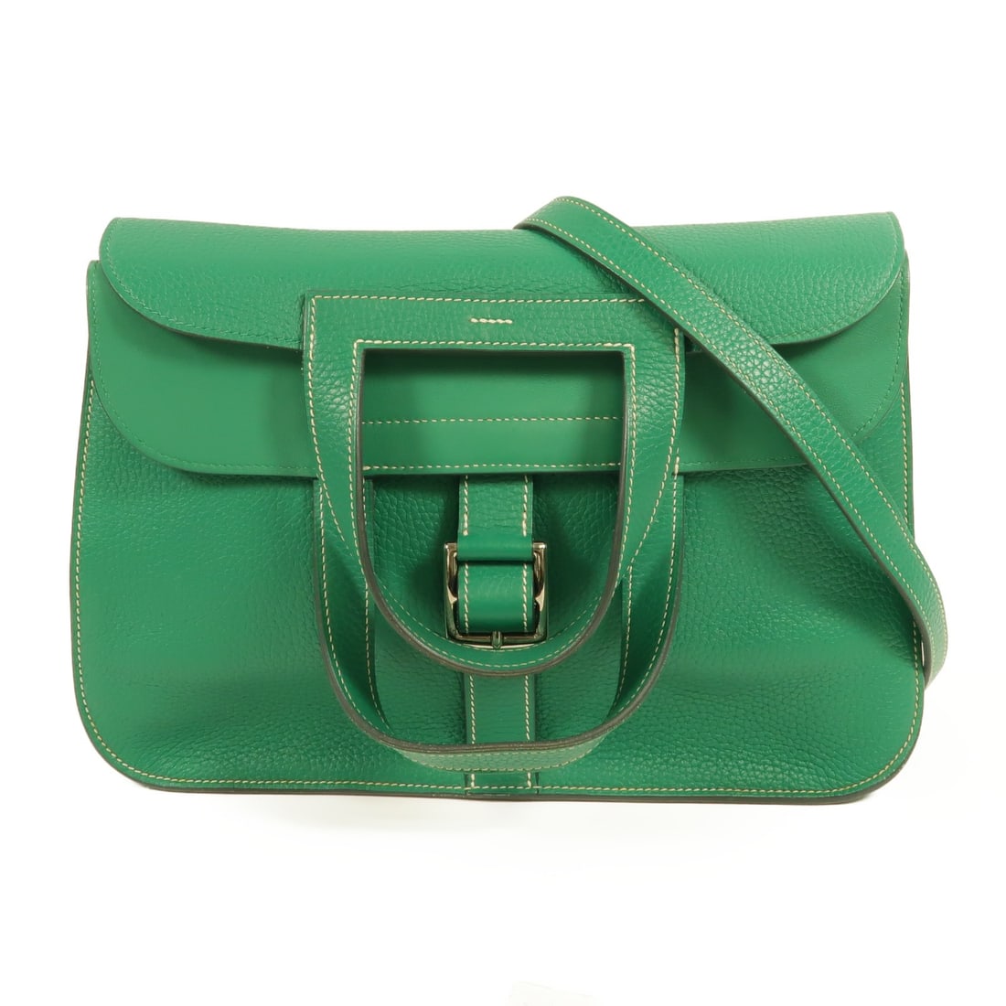 Hermes Halzan 31 Clemence Calfskin 2 Way Shoulder Bag Menthe: Hermes Halzan 31 Clemence Calfskin 2 Way Shoulder Bag Menthe Hermes Halzan 31 2-way shoulder handbag in green Menthe, made from Taurillon Clemence and calfskin (cowhide). It features a 2-way shoulder 