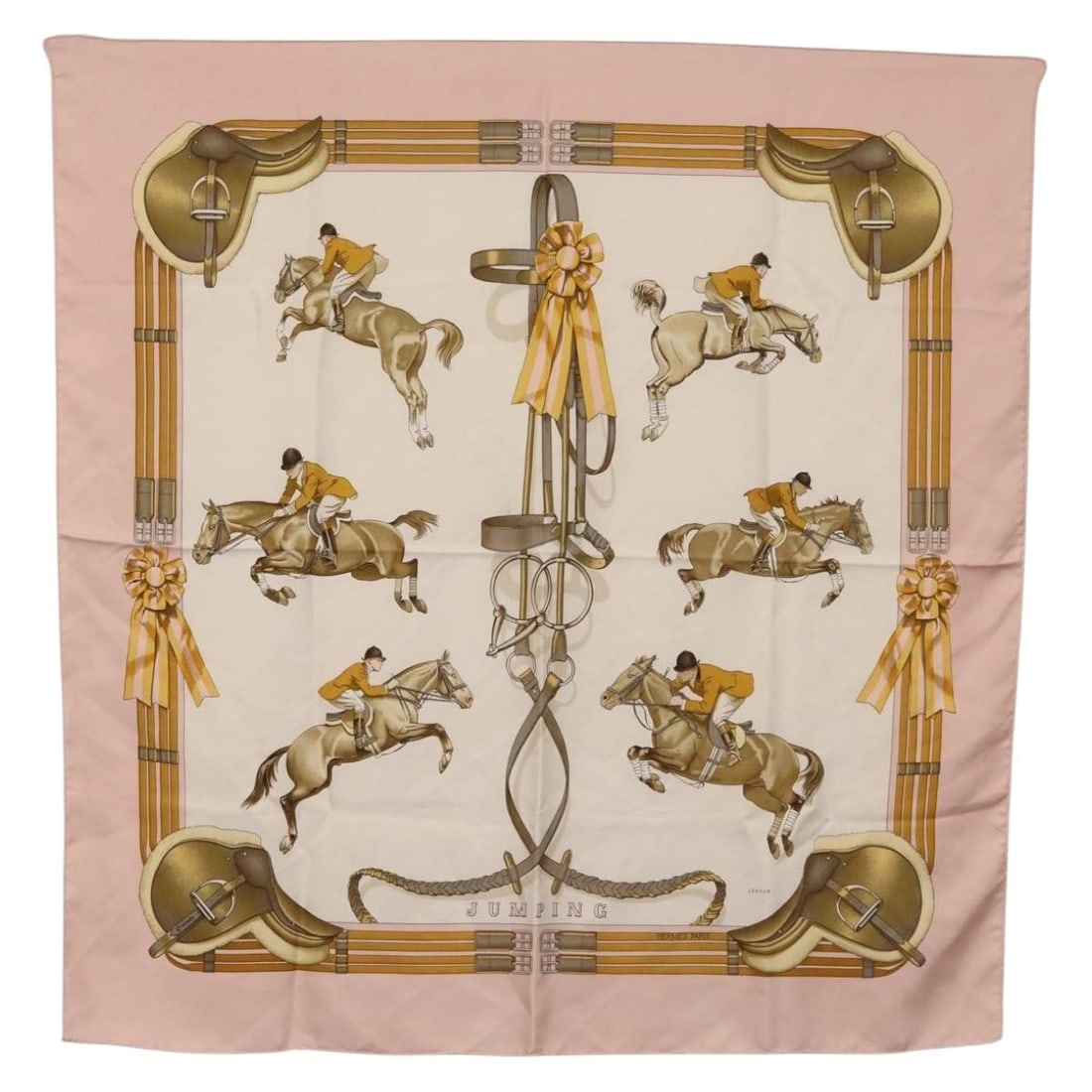 Hermes Junping Carre 90 Pink Silk Scarf with Box: Hermes Junping Carre 90 Pink Silk Scarf with Box Authentic Hermes Carre 90 "JUNPING" scarf in pink silk. This women's scarf comes with the item box and shows reasonable wear and tear, including slight