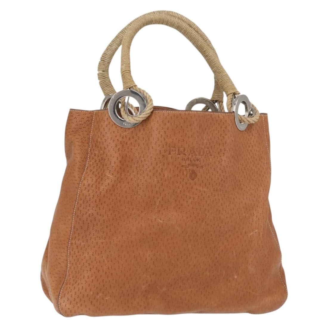 PRADA Brown Leather Tote Handbag Silver Tone Italy: PRADA Brown Leather Tote Handbag Silver Tone Italy Authentic Prada tote bag in brown leather with silver-tone accents. This women's bag is made in Italy and includes only the item shown; the original 