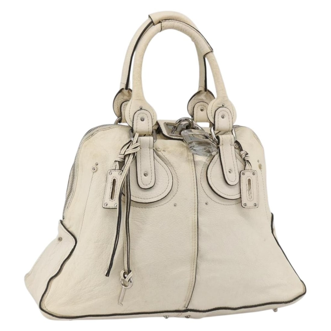 Chloe Paddington White Leather Satchel with Silver Hardware: Chloe Paddington White Leather Satchel with Silver Hardware This is a Chloe Paddington handbag crafted from white leather with silver-tone accents. Designed for women, the bag features dual handles an