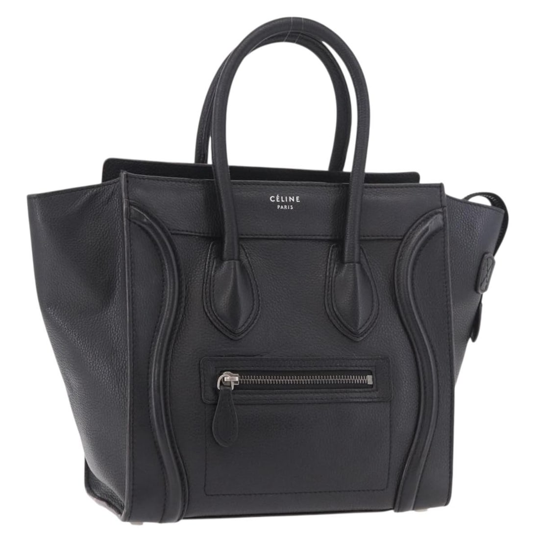 CELINE Micro Luggage Leather Handbag Black Silver Italy: CELINE Micro Luggage Leather Handbag Black Silver Italy Celine Luggage Micro Shopper handbag in black leather with silver-tone accents. Made in Italy, this women's handbag shows reasonable wear and te