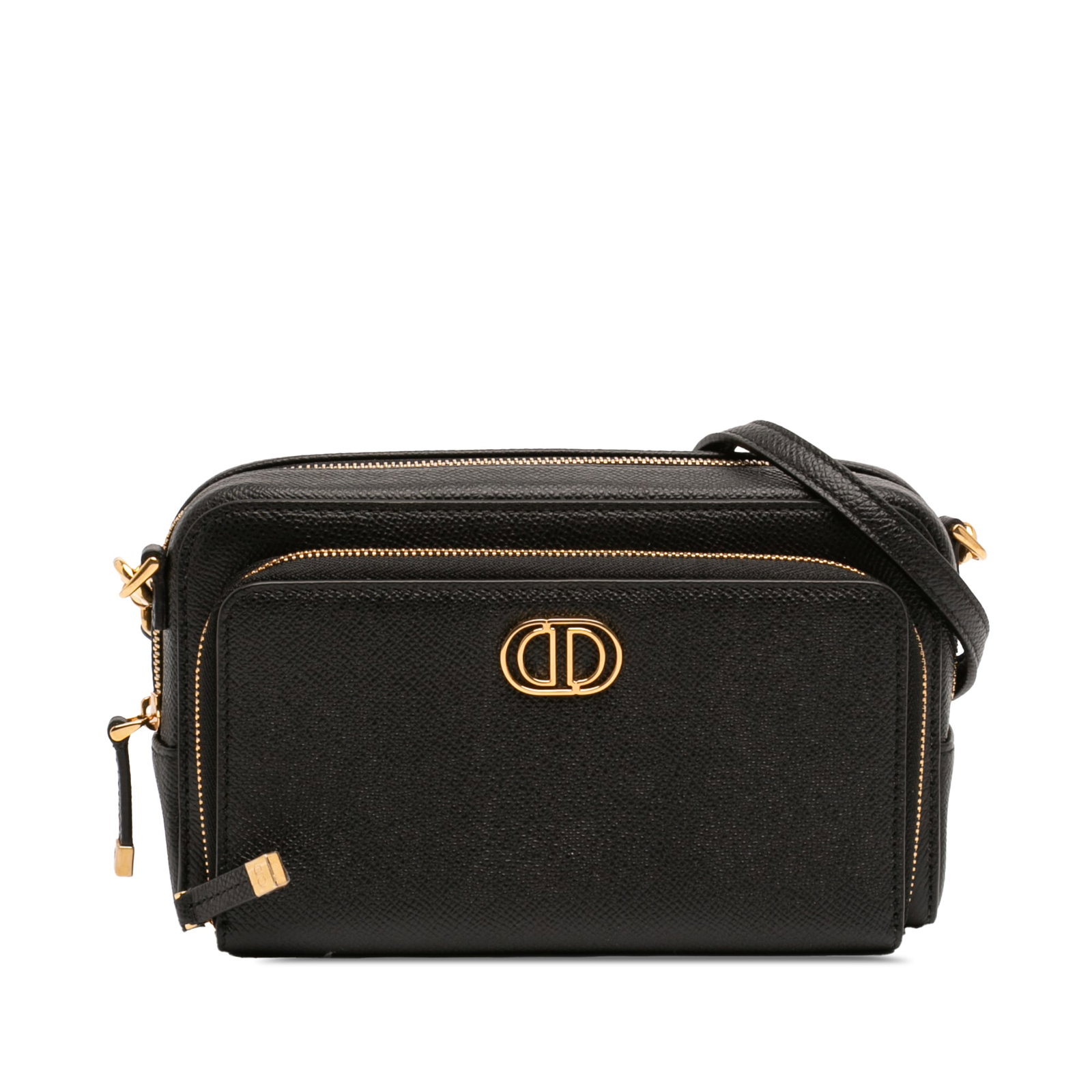 Dior Caro Double Pouch in Black Grained Calfskin: Dior Caro Double Pouch in Black Grained Calfskin Dior Caro Double Pouch in black grained calfskin with a leather body, top zip closure, exterior zip pocket, and an adjustable, detachable flat leather 