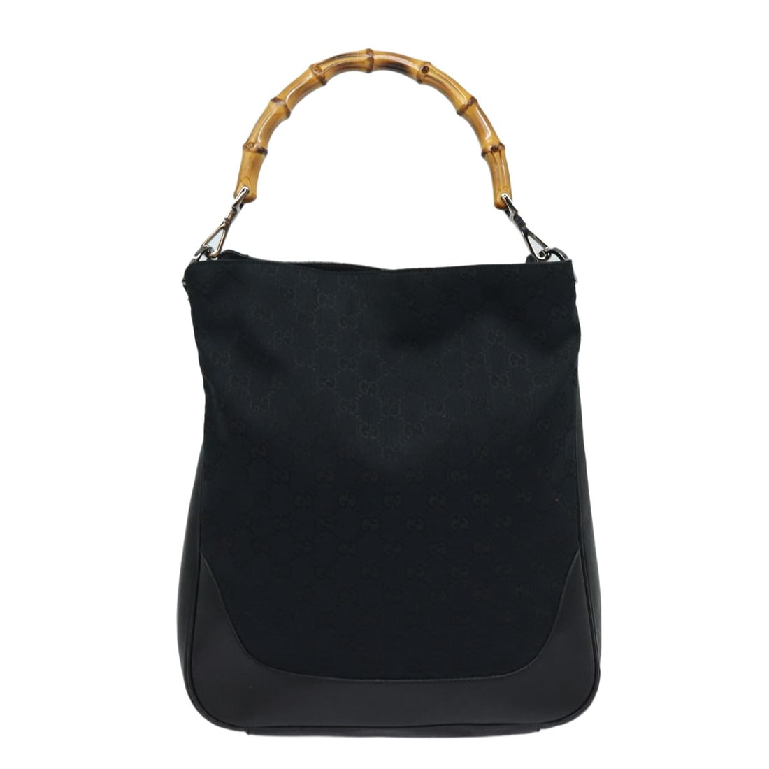 Gucci Black Canvas Bamboo Shoulder Purse for Women: Gucci Black Canvas Bamboo Shoulder Purse for Women This Gucci Bamboo Shoulder Bag is crafted from black GG canvas and designed for women. The bag features a bamboo handle and shoulder strap, with meta