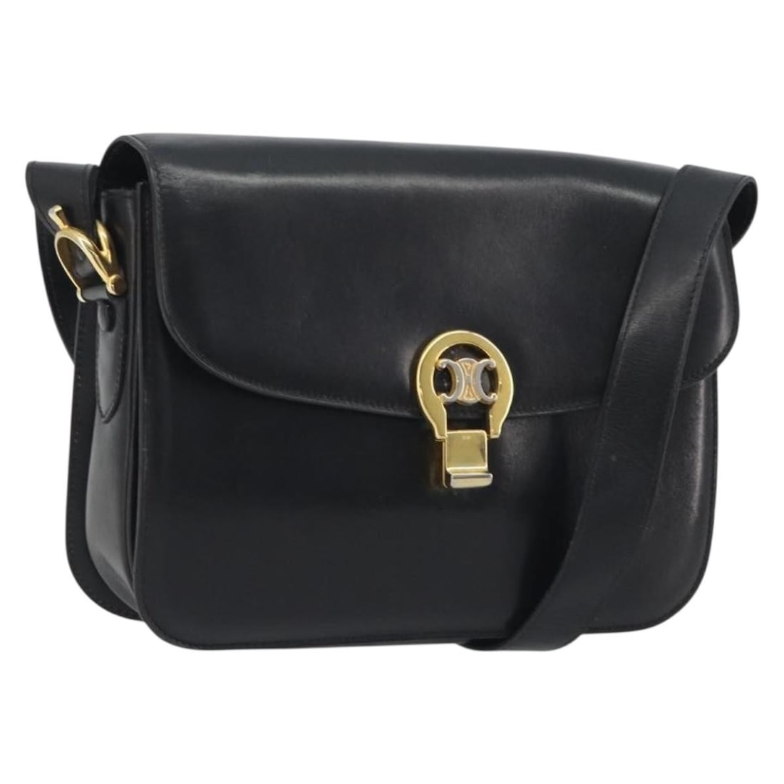CELINE black leather shoulder bag with gold tone hardware: CELINE black leather shoulder bag with gold tone hardware Authentic CELINE shoulder bag in black leather with gold-tone accents. Made in Italy, this women's bag has a structured shoulder bag silhouett